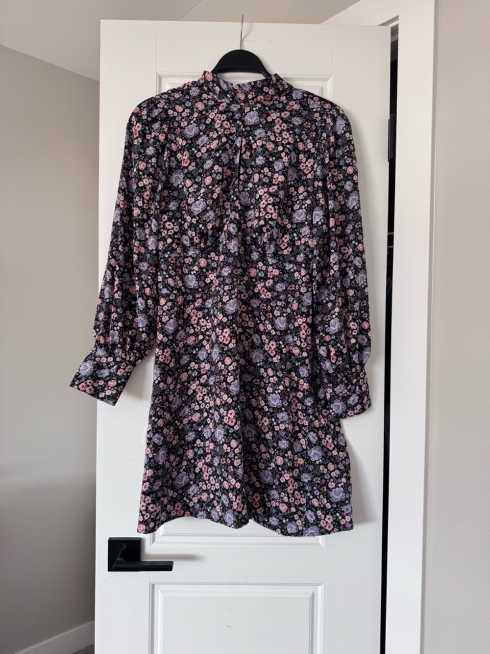 Black Floral Long Sleeve Mini Dress with Pink & Lavender Flowers
